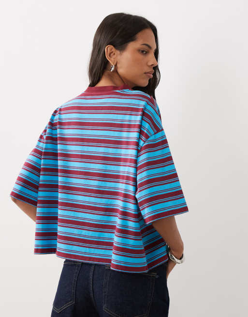 ASOS DESIGN - camiseta boxy a rayas en azul y burdeos, 4 de 4