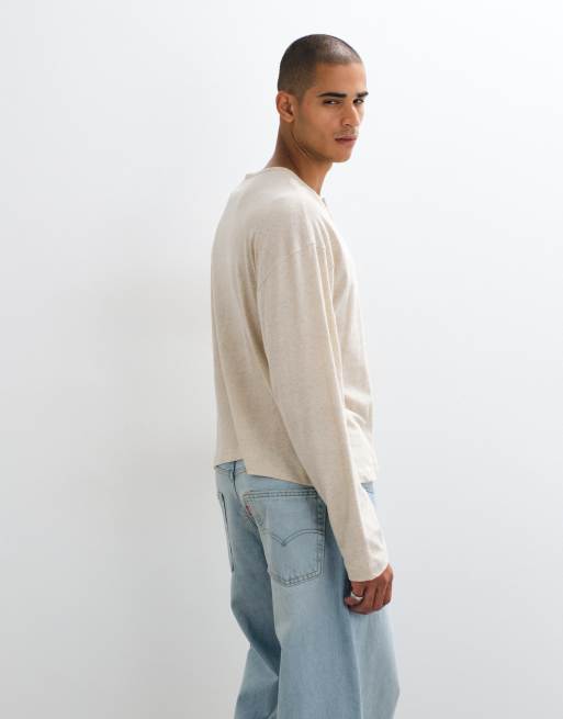 ASOS DESIGN - camiseta boxy extragrande con lino y cuello panadero en beige, 3 de 5