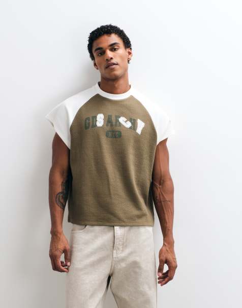 ASOS DESIGN - camiseta boxy extragrande con manga raglán y estampado en caqui y seersucker crema - view 1