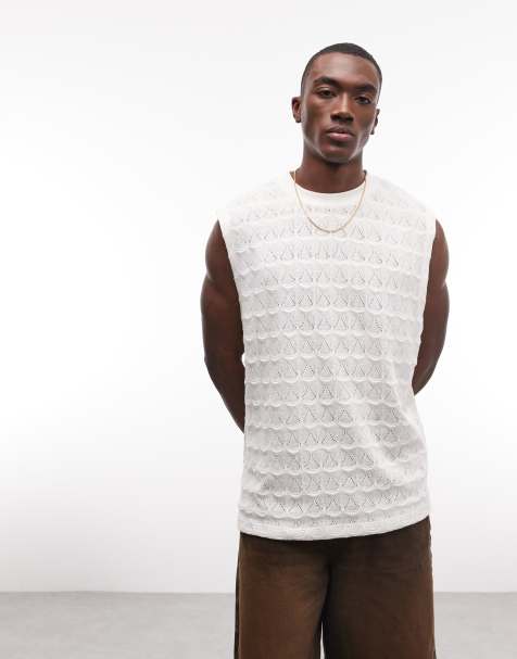 ASOS DESIGN - Camiseta color crema de corte cuadrado extragrande estándar sin mangas de tejido grueso texturizado - view 1
