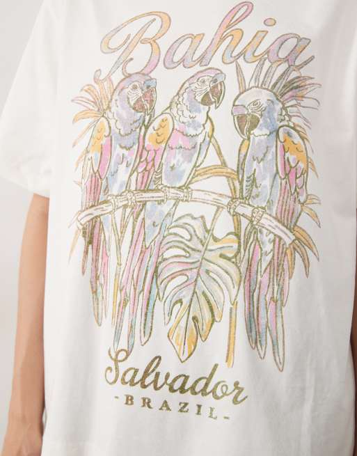 ASOS DESIGN - Camiseta color crema extragrande con estampado gráfico de loros y texto "Bahia", 3 de 4