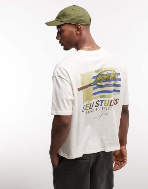 ASOS DESIGN - Camiseta color crema extragrande de corte cuadrado con estampado gráfico de tenis - view 1