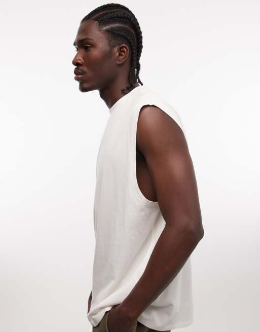 ASOS DESIGN - Camiseta color crema extragrande sin mangas con estampado de palmeras, 3 de 5