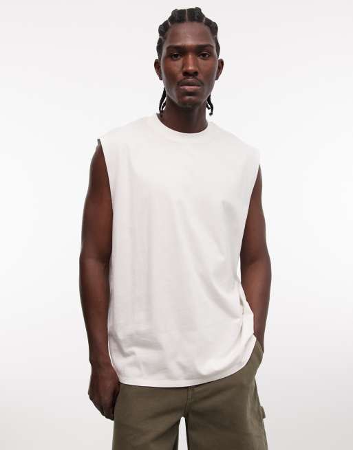 ASOS DESIGN - Camiseta color crema extragrande sin mangas con estampado de palmeras, 5 de 5