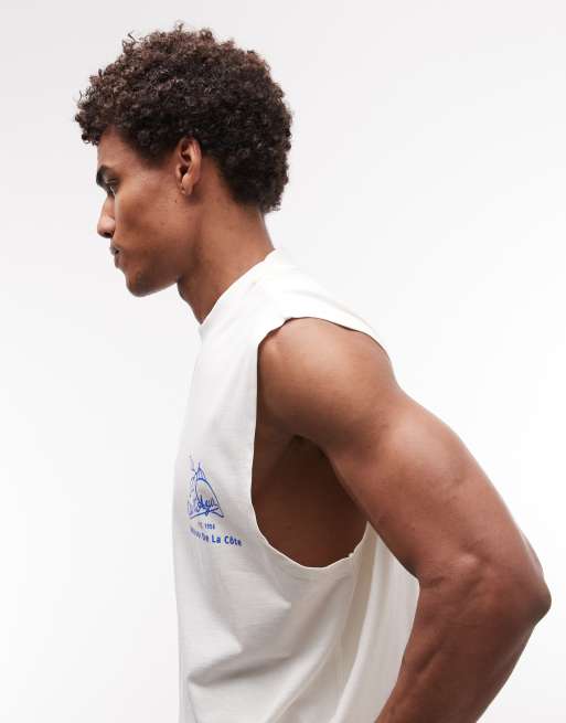 ASOS DESIGN - Camiseta color crema extragrande sin mangas con estampado gráfico "Cote d'Azur", 5 de 5