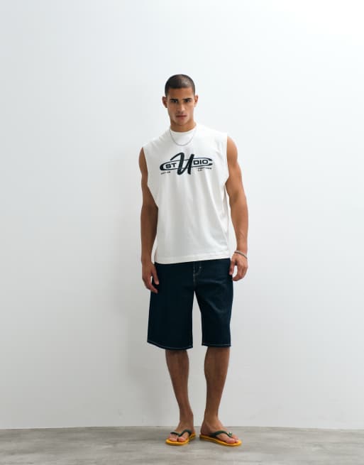 ASOS DESIGN - Camiseta color crema extragrande sin mangas con estampado gráfico "Studio Ventures", 5 de 5