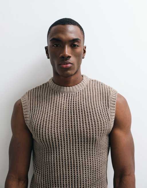ASOS DESIGN - Camiseta color piedra ajustada sin mangas de punto calado, 2 de 5