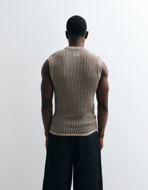 ASOS DESIGN - Camiseta color piedra ajustada sin mangas de punto calado, 3 de 5