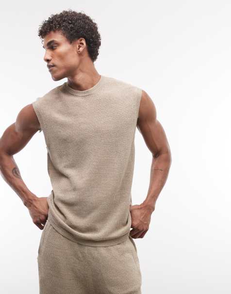 ASOS DESIGN - Camiseta color piedra sin mangas de punto de malla (parte de un conjunto) - view 1