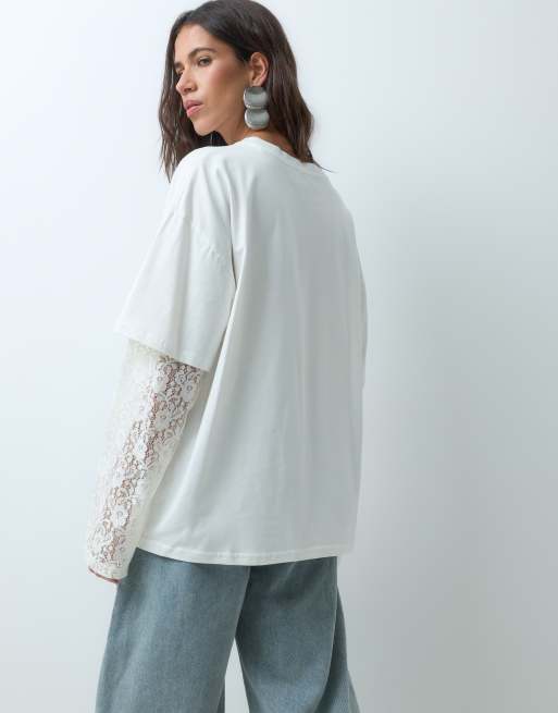 ASOS DESIGN camiseta con detalle de mangas de capa de encaje en blanco, 5 de 5