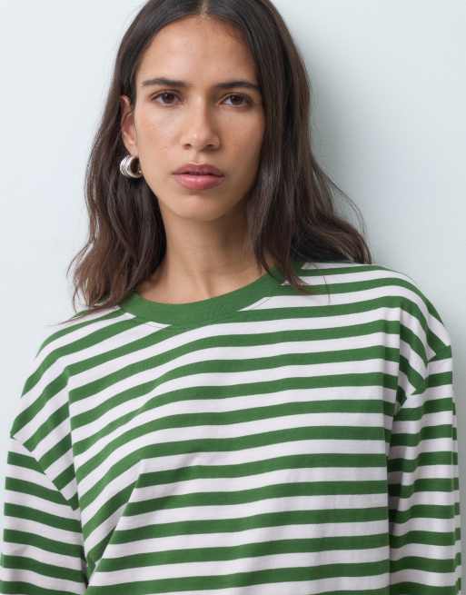 ASOS DESIGN camiseta corta de manga larga de corte boxy a rayas rosa y caqui, 4 de 4