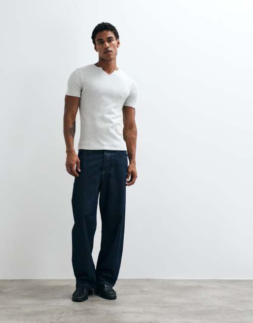 ASOS DESIGN - camiseta de corte ajustado con cuello con abertura en gris jaspeado, 3 de 5