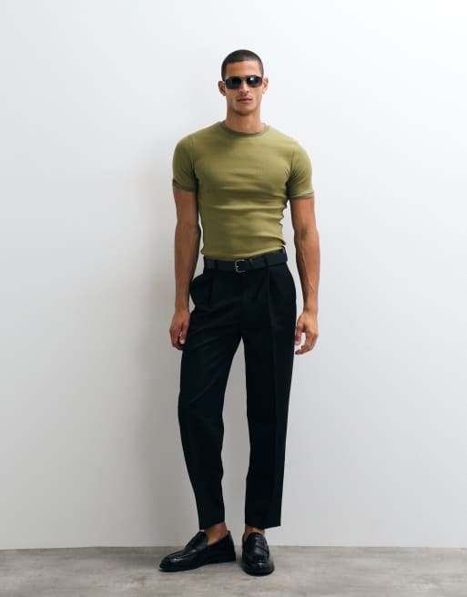 ASOS DESIGN - camiseta de corte ajustado con detalle ringer en canalé verde, 3 de 5
