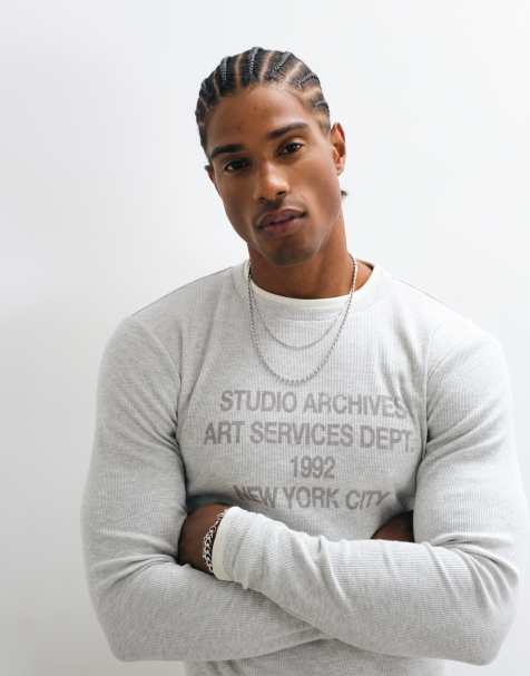 ASOS DESIGN - camiseta de corte ajustado de manga larga con cuello redondo acanalado en gris jaspeado con gráfico - view 1