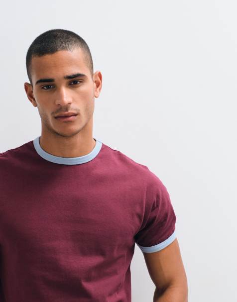 ASOS DESIGN camiseta de corte estándar con ribete contrastante en burdeos - view 1
