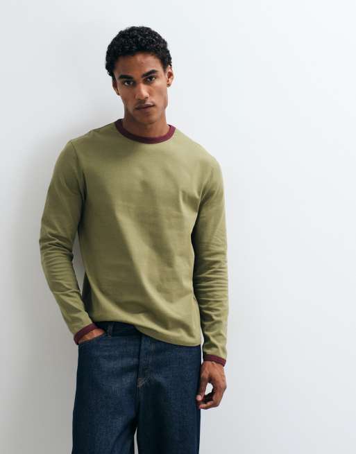 ASOS DESIGN - camiseta de corte estándar con ribete en contraste en caqui, 5 de 5