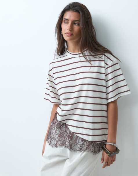 ASOS DESIGN - Camiseta de manga corta con estampado de rayas y bajo de encaje - view 1
