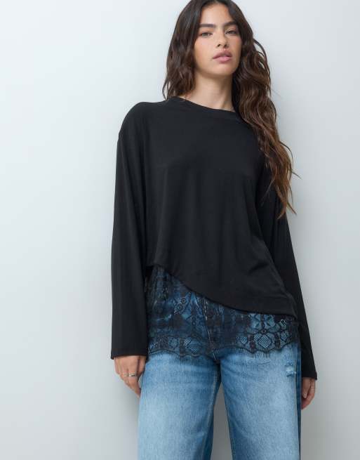 ASOS DESIGN camiseta de manga larga con ribete de encaje asimétrico en negro, 5 de 5
