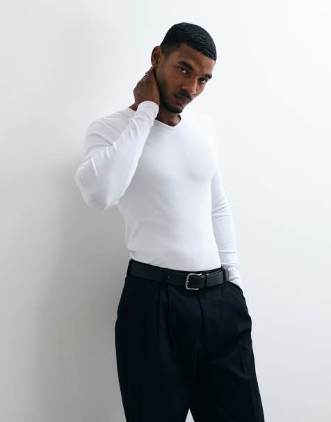ASOS DESIGN - camiseta de manga larga de corte ajustado con cuello con abertura en blanco - view 1