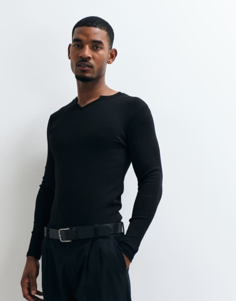 ASOS DESIGN - camiseta de manga larga de corte ajustado con cuello con abertura en negro - view 1