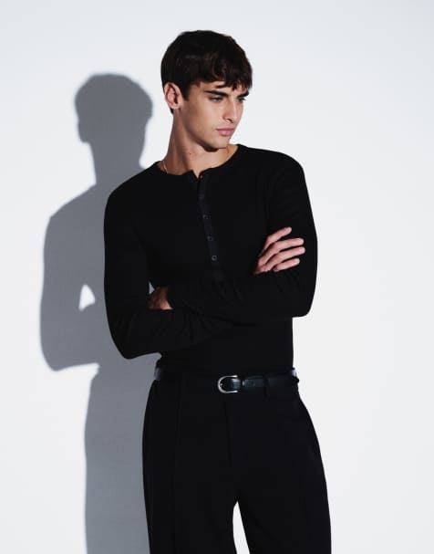 ASOS DESIGN - camiseta de manga larga de corte ajustado con cuello henley tejido en canalé negro - view 1