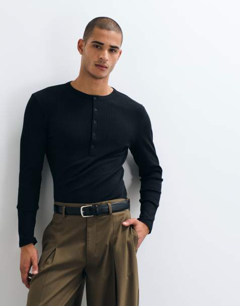 ASOS DESIGN camiseta de manga larga de corte ajustado con cuello panadero en canalé negro - view 1
