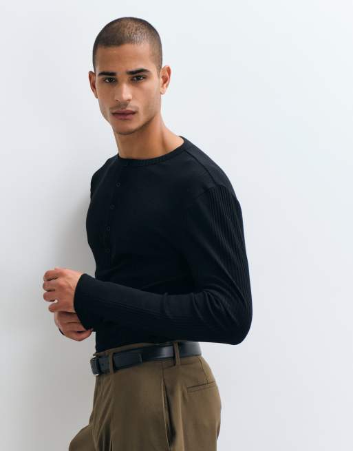 ASOS DESIGN camiseta de manga larga de corte ajustado con cuello panadero en canalé negro, 5 de 5