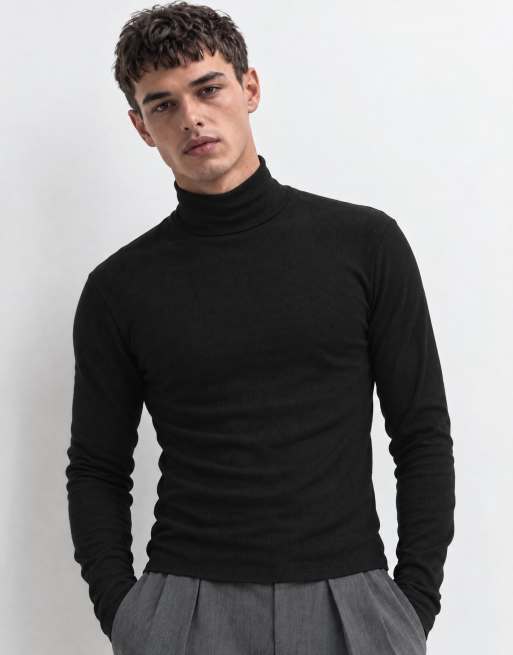 ASOS DESIGN camiseta de manga larga de corte ajustado con cuello vuelto en canalé negra, 9 de 10