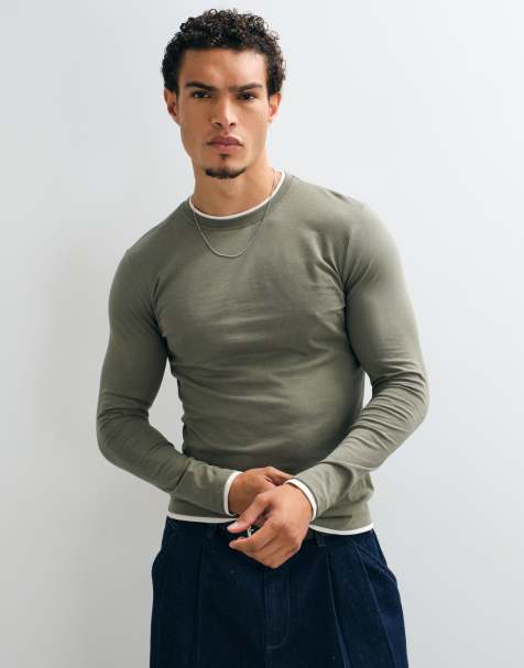 ASOS DESIGN - camiseta de manga larga de corte slim con doble capa en caqui y blanco - view 1