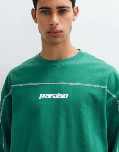 ASOS DESIGN - camiseta de manga larga extragrande y corte boxy con estampado de texto en verde - view 1