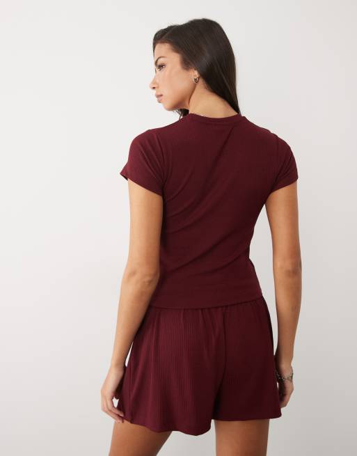 ASOS DESIGN - camiseta de pijama acanalada para combinar y mezclar en burdeos, 3 de 4