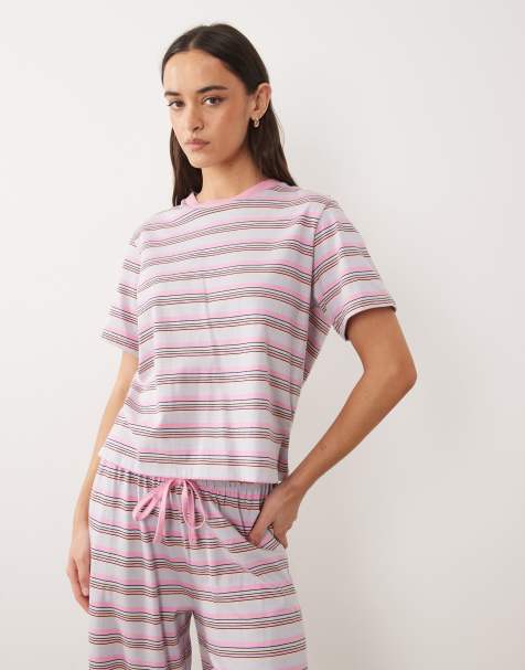 ASOS DESIGN - Camiseta de pijama rosa a rayas extragrande con aberturas laterales de algodón Mix & Match - view 1