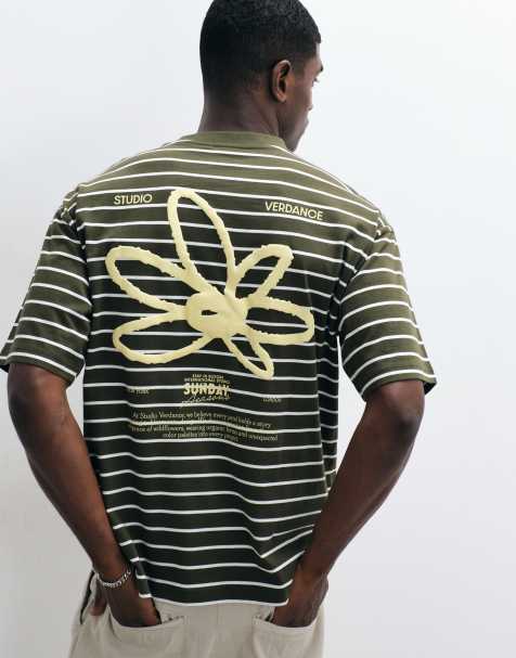ASOS DESIGN camiseta extragrande con gráfico floral de manga abullonada en rayas verdes - view 1