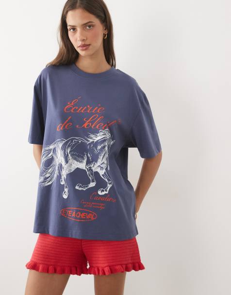 ASOS DESIGN - Camiseta extragrande con gráfico western rojo y blanco en azul - view 1