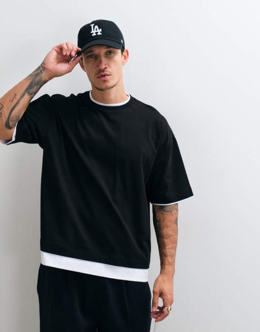 ASOS DESIGN camiseta extragrande de doble capa de tejido grueso negra, 2 de 5