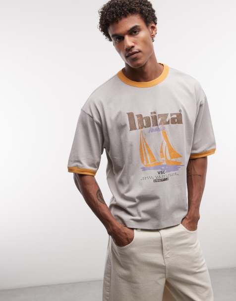 ASOS DESIGN - Camiseta gris lavado de corte cuadrado extragrande con ribetes y estampado gráfico de velero de tejido grueso - view 1