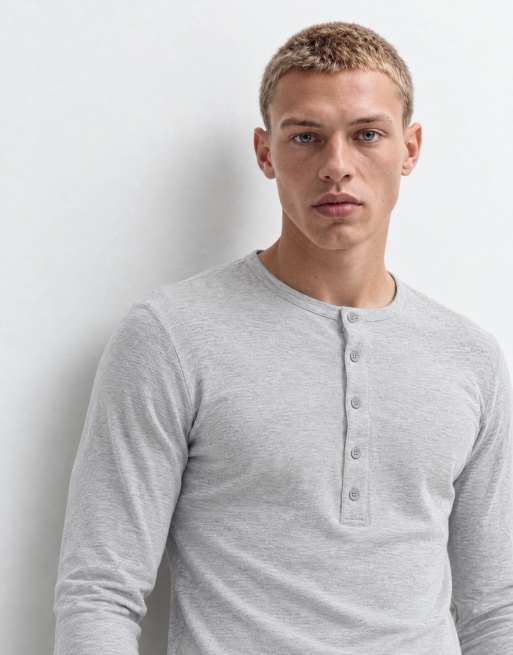 ASOS DESIGN camiseta henley de manga larga de ajuste musculado en gris jaspeado, 10 de 10