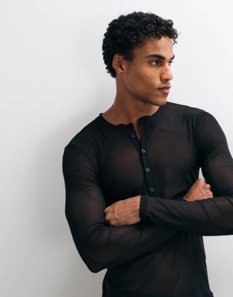 ASOS DESIGN camiseta henley de manga larga de corte ajustado en malla negra - view 1