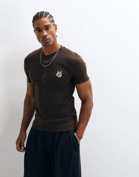 ASOS DESIGN - camiseta henley de tejido grueso con corte muscle y bordado en el pecho en canalé marrón - view 1