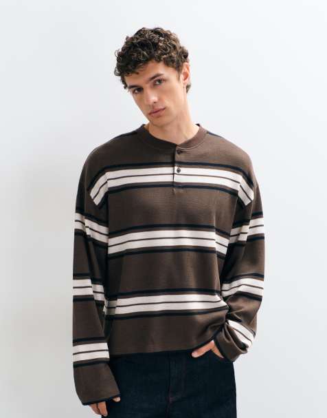ASOS DESIGN camiseta henley extragrande de corte cuadrado a rayas, de manga larga, en punto gofrado marrón - view 1