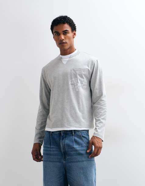 ASOS DESIGN - camiseta holgada de doble capa con cuello de pico, bolsillo en el pecho y gráfico en gris jaspeado - view 1