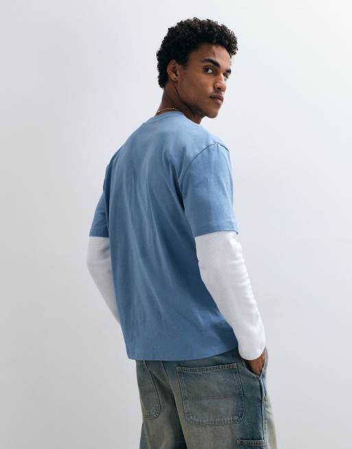 ASOS DESIGN - camiseta holgada de tejido grueso con doble capa en azul y blanco waffle, 4 de 5