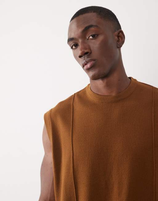 ASOS DESIGN - Camiseta marrón extragrande sin mangas con detalle de ribetes de punto, 3 de 5