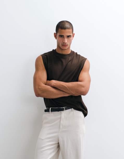 ASOS DESIGN - Camiseta marrón extragrande sin mangas de mezcla de lino - view 1