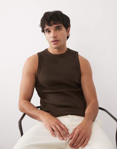 ASOS DESIGN - Camiseta marrón oscuro ajustada sin mangas de tejido acanalado muy grueso - view 1
