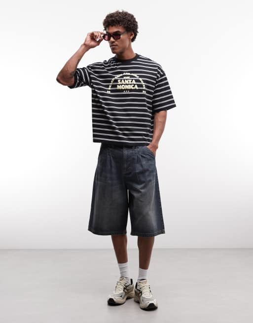ASOS DESIGN - Camiseta negra a rayas de corte cuadrado extragrande con estampado de texto en relieve, 2 de 5
