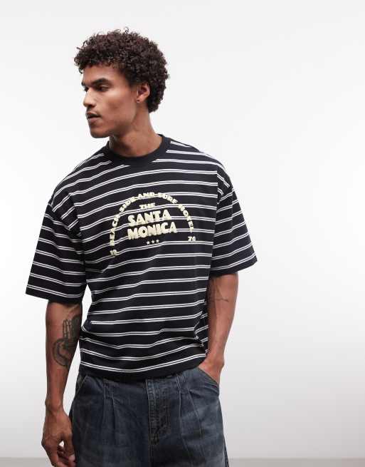 ASOS DESIGN - Camiseta negra a rayas de corte cuadrado extragrande con estampado de texto en relieve, 3 de 5