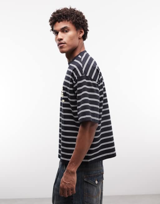 ASOS DESIGN - Camiseta negra a rayas de corte cuadrado extragrande con estampado de texto en relieve, 4 de 5