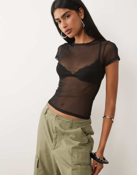 ASOS DESIGN - Camiseta negra con diseño encogido de malla transparente - view 1