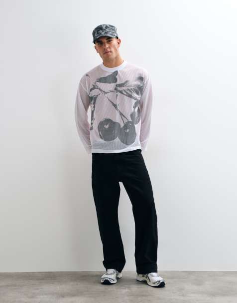 ASOS DESIGN camiseta oversize de manga larga con gráfico de cerezas en malla blanca - view 1